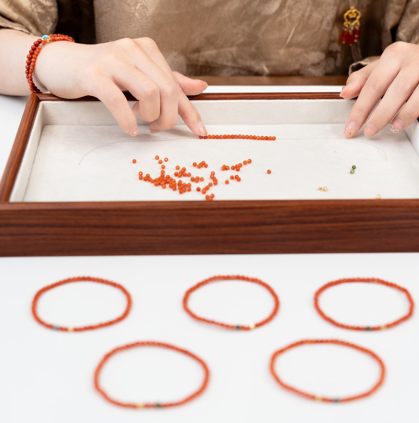 Dainty 2.5mm Southern Red Agate (Nan Hong) Bracelet with Tourmaline (Stackable)