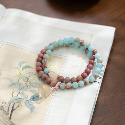 Shoushan Stone & Red Wood Grain Jasper 2-Wrap Bracelet with White Lotus Charm