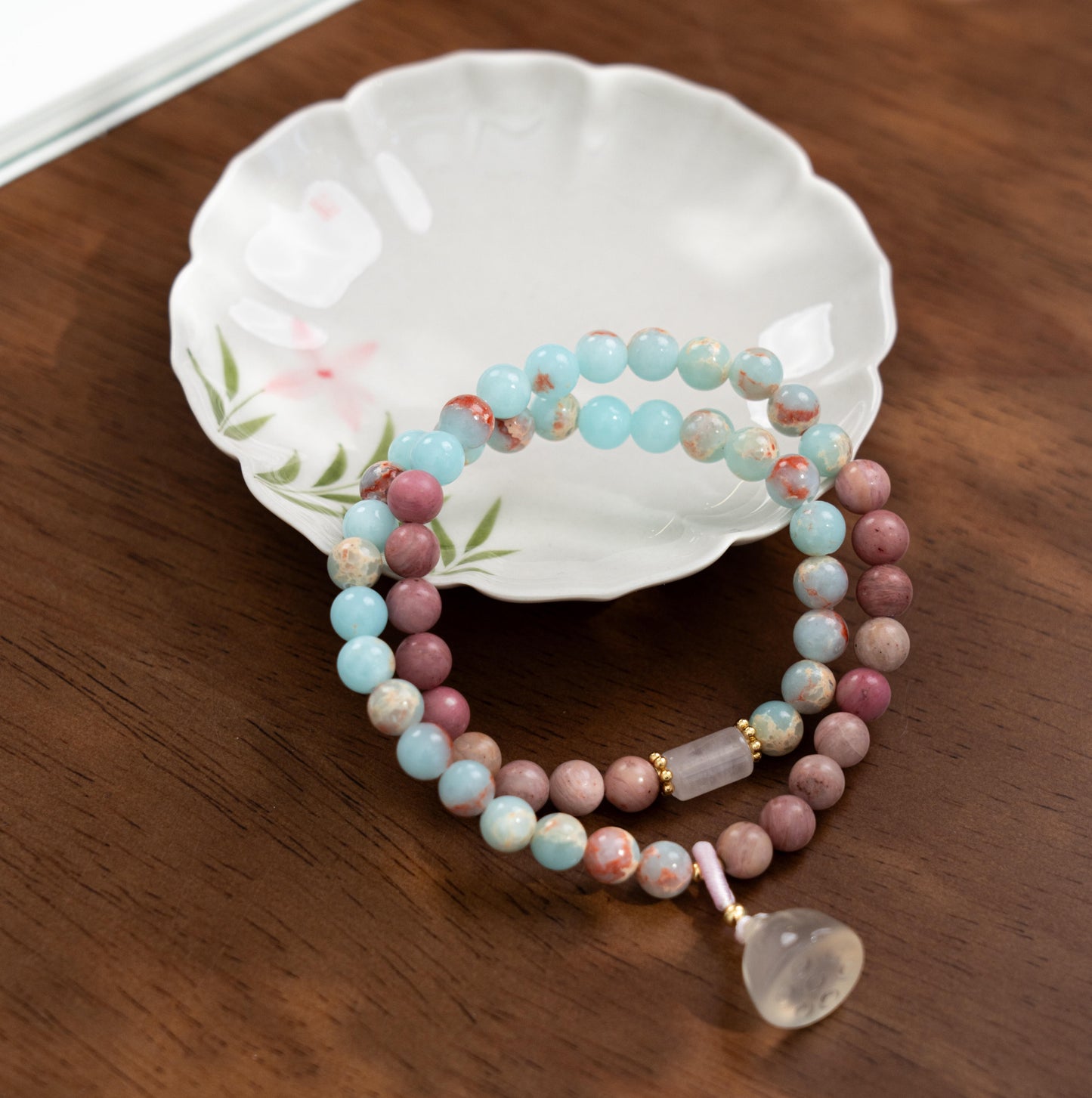 Shoushan Stone & Red Wood Grain Jasper 2-Wrap Bracelet with White Lotus Charm