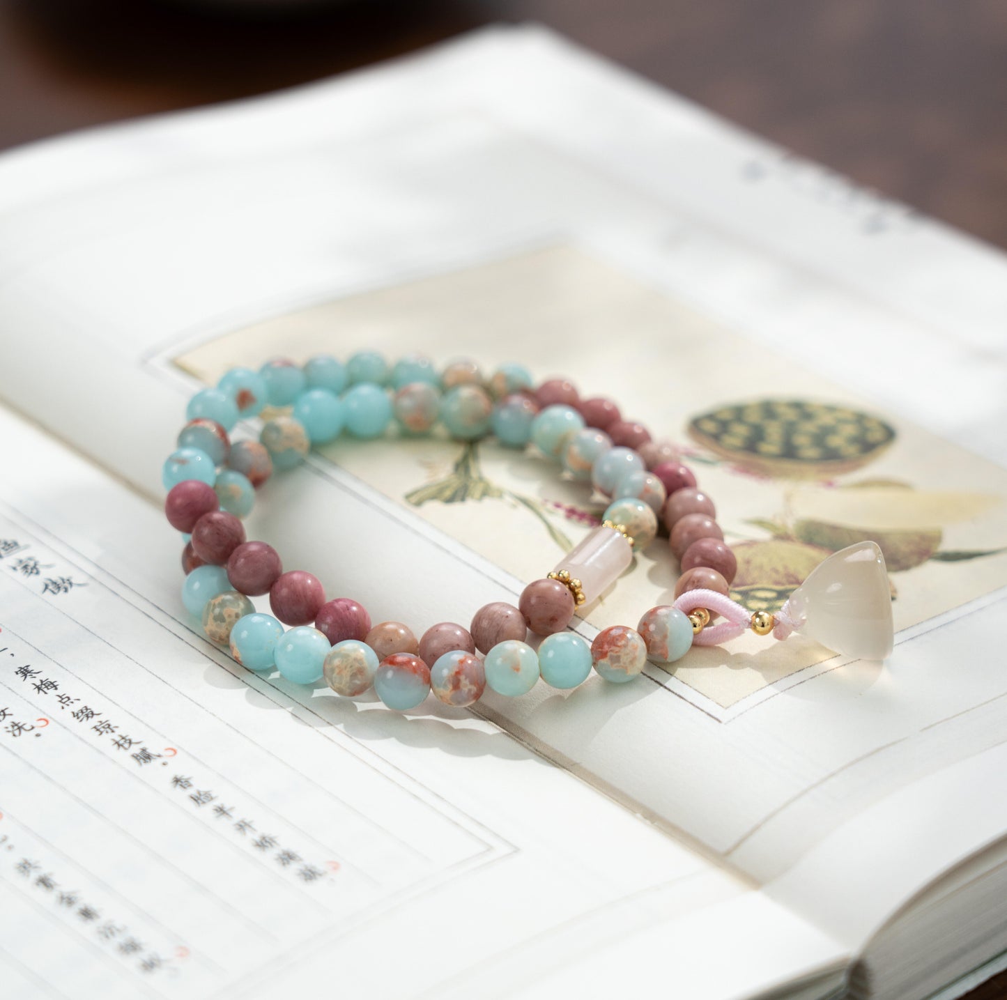 Shoushan Stone & Red Wood Grain Jasper 2-Wrap Bracelet with White Lotus Charm