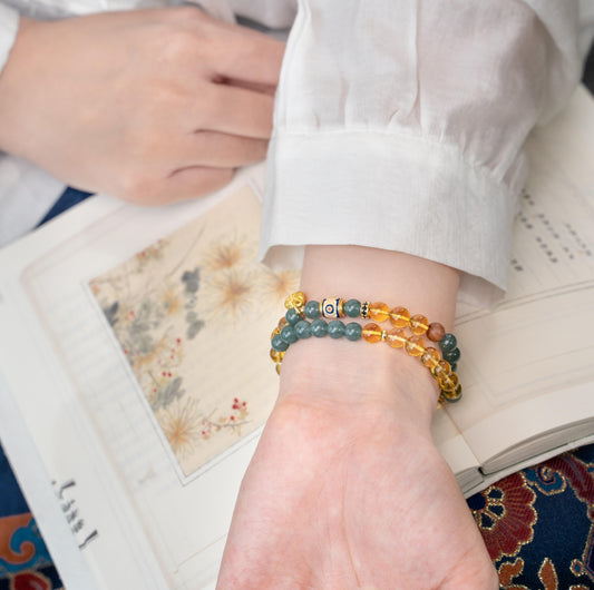 Blue Amber & Blue Water Jadeite 2-Wrap Bracelet with Enamel Barrel & Gold Filigree