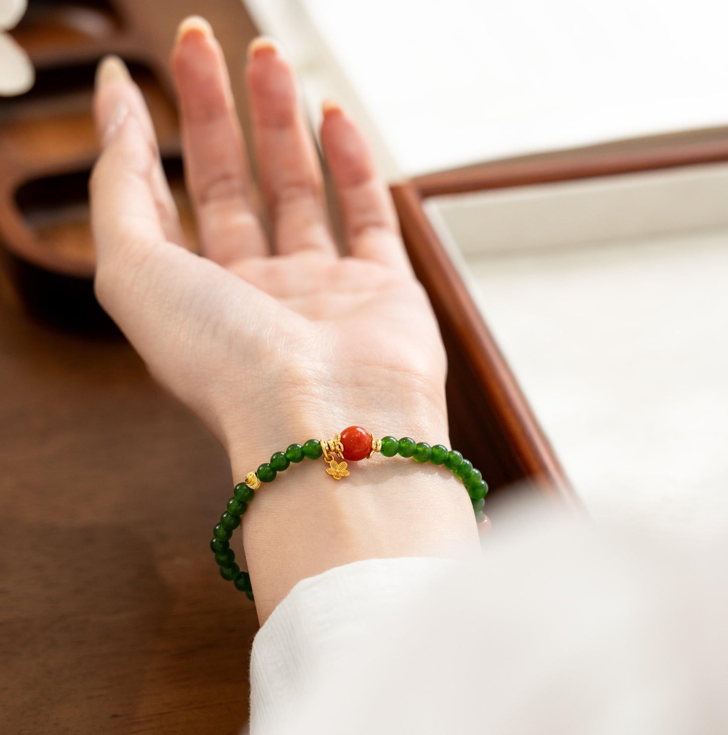 Dainty 4mm Green Chalcedony Bracelet with Nan Hong Agate Cherry Charm