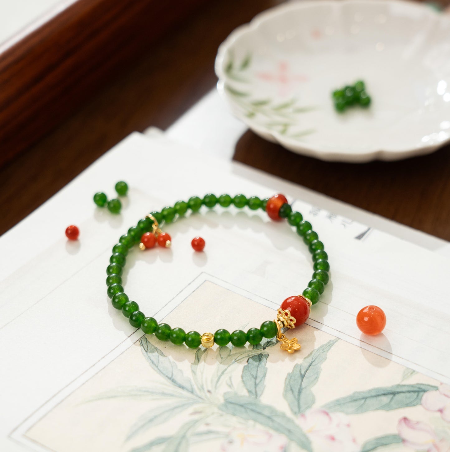 Dainty 4mm Green Chalcedony Bracelet with Nan Hong Agate Cherry Charm