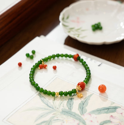 Dainty 4mm Green Chalcedony Bracelet with Nan Hong Agate Cherry Charm
