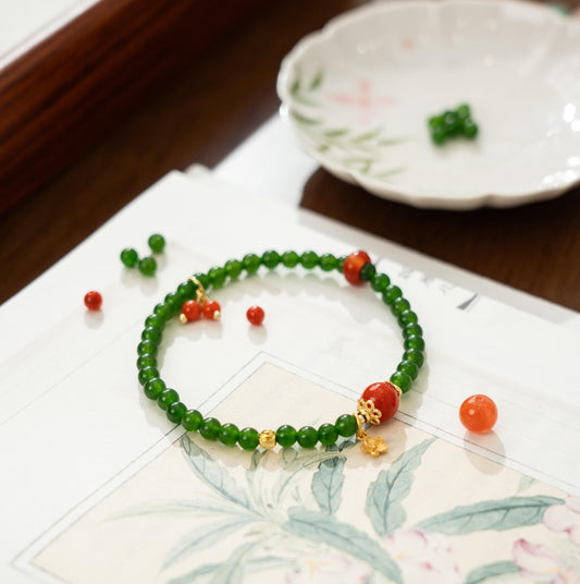 Dainty 4mm Green Chalcedony Bracelet with Nan Hong Agate Cherry Charm