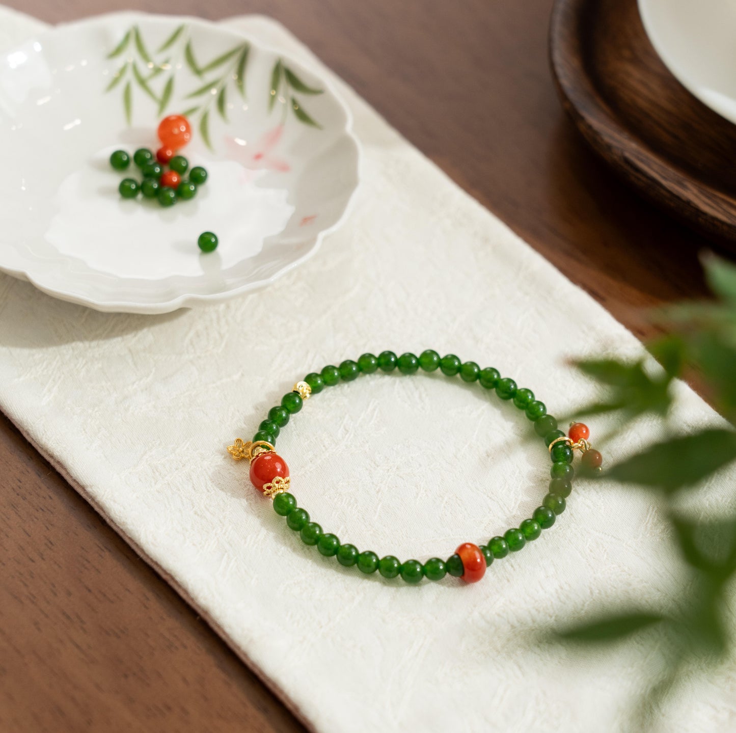 Dainty 4mm Green Chalcedony Bracelet with Nan Hong Agate Cherry Charm