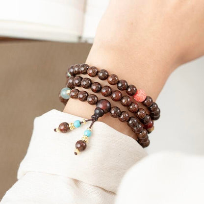 Small Leaf Red Sandalwood (Zitan) 3-Wrap Bracelet with Carved Mother-of-Pearl Lotus