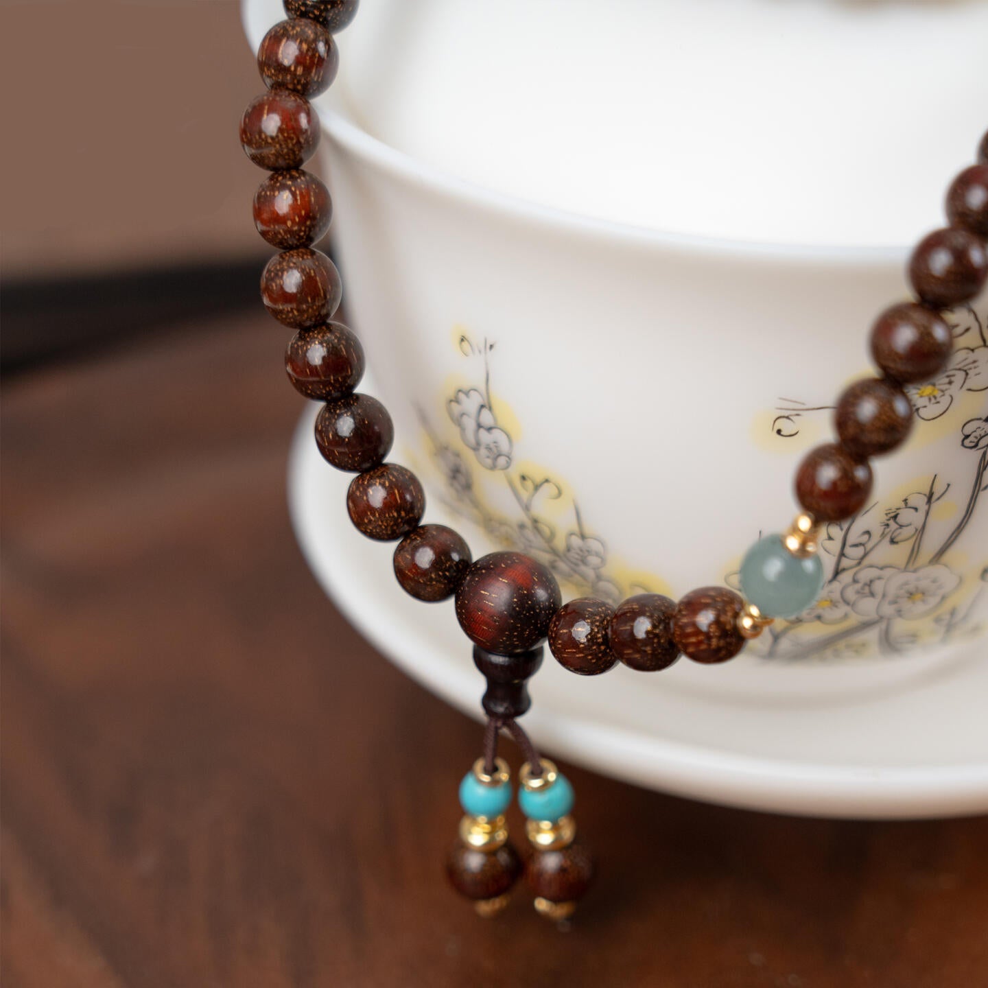 Small Leaf Red Sandalwood (Zitan) 3-Wrap Bracelet with Carved Mother-of-Pearl Lotus