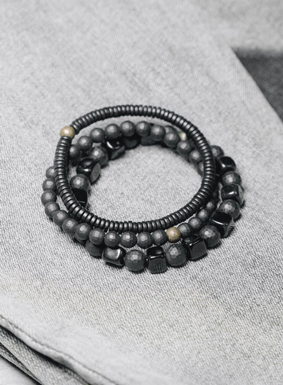 Men's Black Agate & Ebony Wood 3-Piece Bracelet Set (Matte & Faceted)