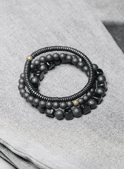Men's Black Agate & Ebony Wood 3-Piece Bracelet Set (Matte & Faceted)