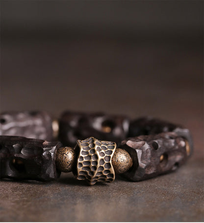 Tibetan Style Hand-Carved Ebony Wood & Textured Brass Cylinder Bracelet