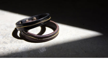 Hand-Dyed Vegetable Tanned Leather and Hammered Brass Bangle Bracelet
