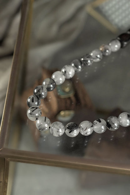 Black Rutilated Quartz & Hand-Carved Ebony Wood Bracelet with Brass Spike (Half & Half Style)
