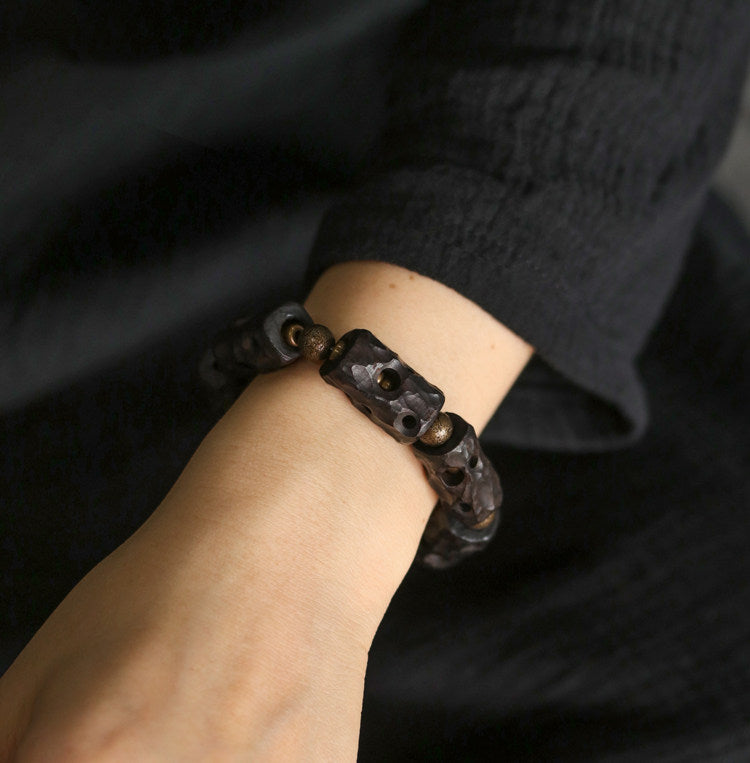 Tibetan Style Hand-Carved Ebony Wood & Textured Brass Cylinder Bracelet