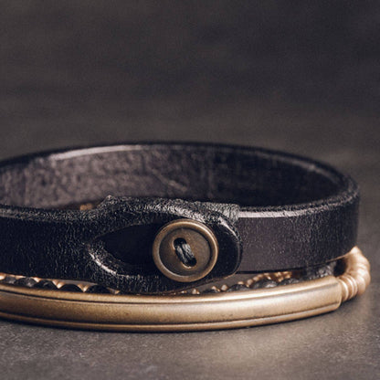 Volcanic Soul: Lava Stone & Brass Beaded Bracelet with Leather Wrap Set