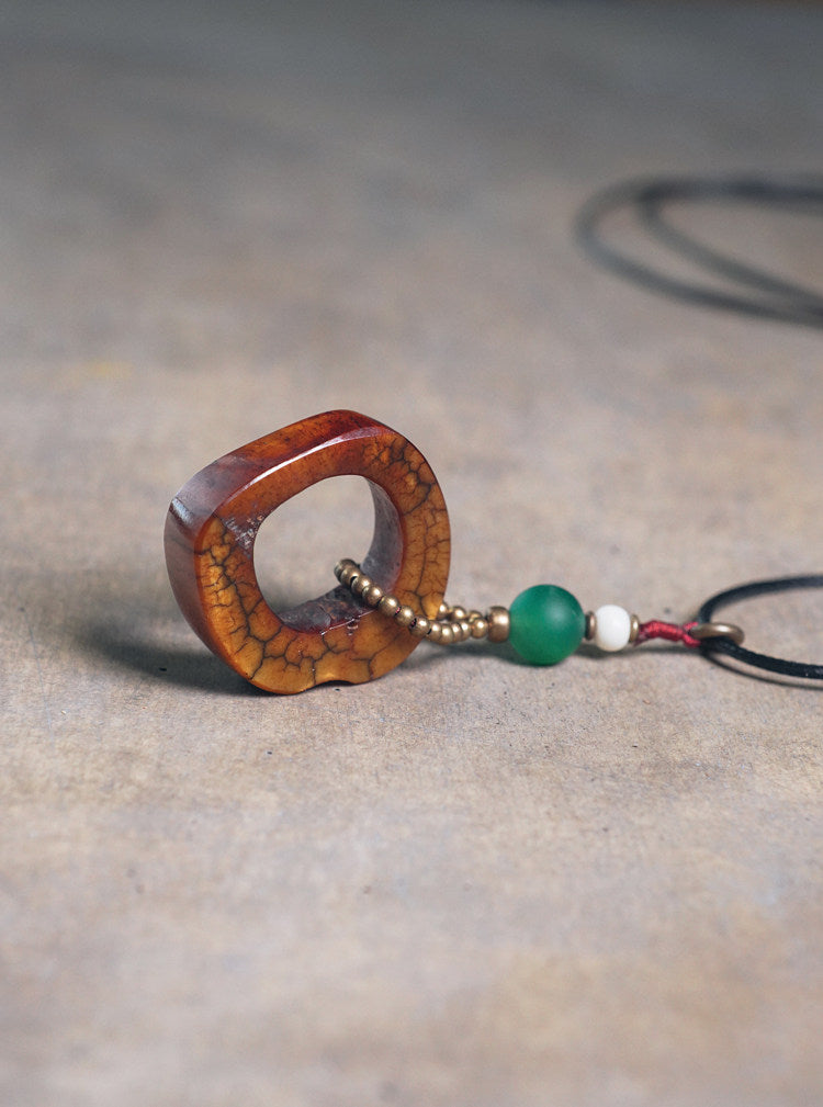 Hand-Carved Tibetan Ox Bone & Green Agate Spiritual Necklace