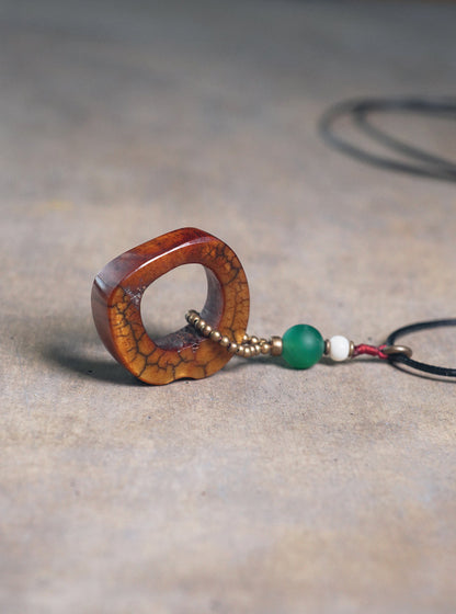 Hand-Carved Tibetan Ox Bone & Green Agate Spiritual Necklace