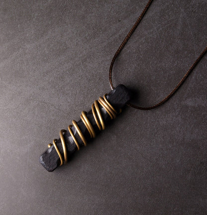 Hand-Carved Ebony and Vintage Brass Wood Pendant Necklace