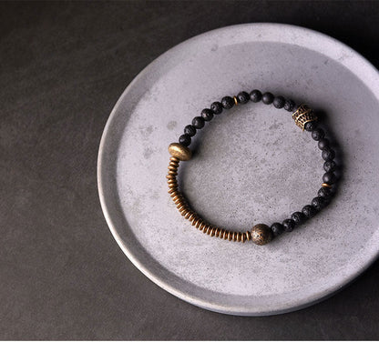 Mens Beaded Bracelet with Lava Stone and Hammered Brass Accents