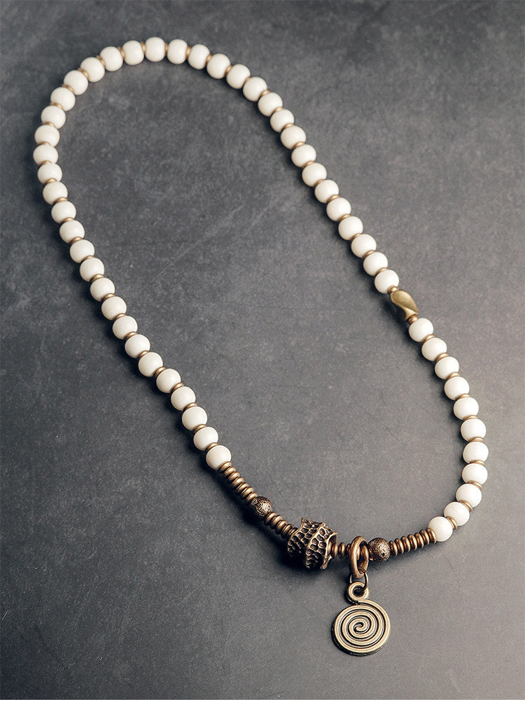 Double-Layer White Deer Bone Buddha Bracelet with Vintage Brass Accents