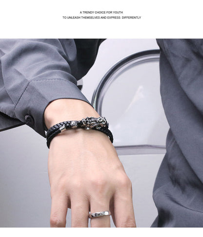 Titanium Steel Pixiu Guardian Braided Leather Bracelet