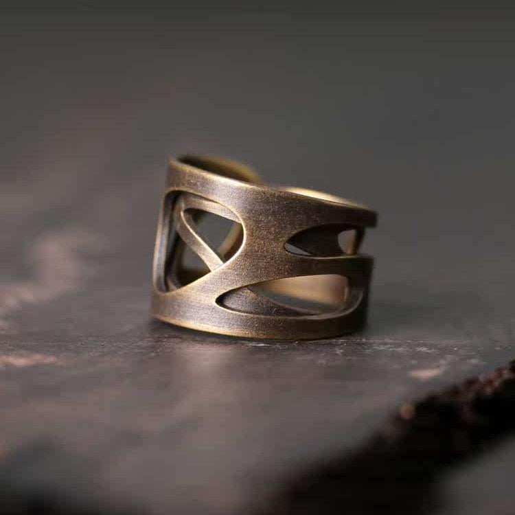 Hand-Forged Antique Brass Abstract Hollow-Out Rings