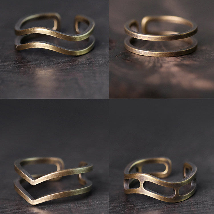 Artisan Double-Layered Wavy & V-Shape Brass Rings