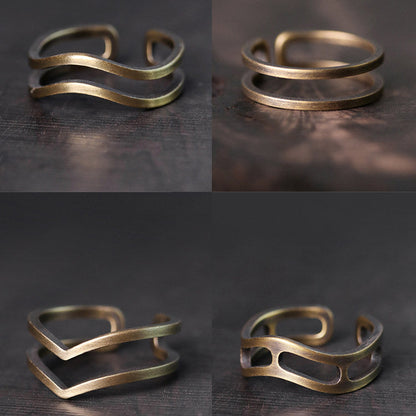 Artisan Double-Layered Wavy & V-Shape Brass Rings