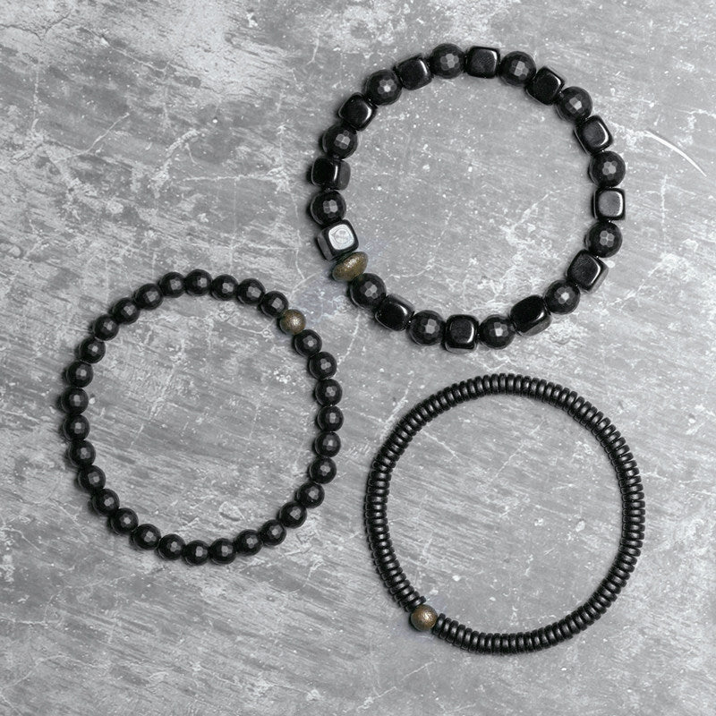 Men's Black Agate & Ebony Wood 3-Piece Bracelet Set (Matte & Faceted)
