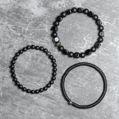 Men's Black Agate & Ebony Wood 3-Piece Bracelet Set (Matte & Faceted)