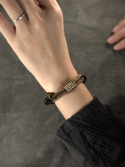 Black Ebony Wood & Coiled Brass 2-Wrap Bracelet with Spike Charm (Industrial Style)