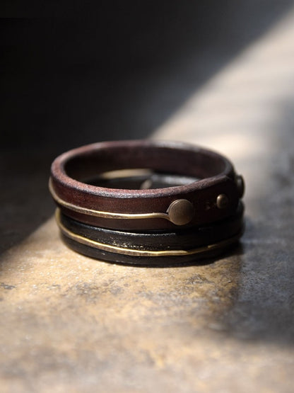 Hand-Dyed Vegetable Tanned Leather and Hammered Brass Bangle Bracelet