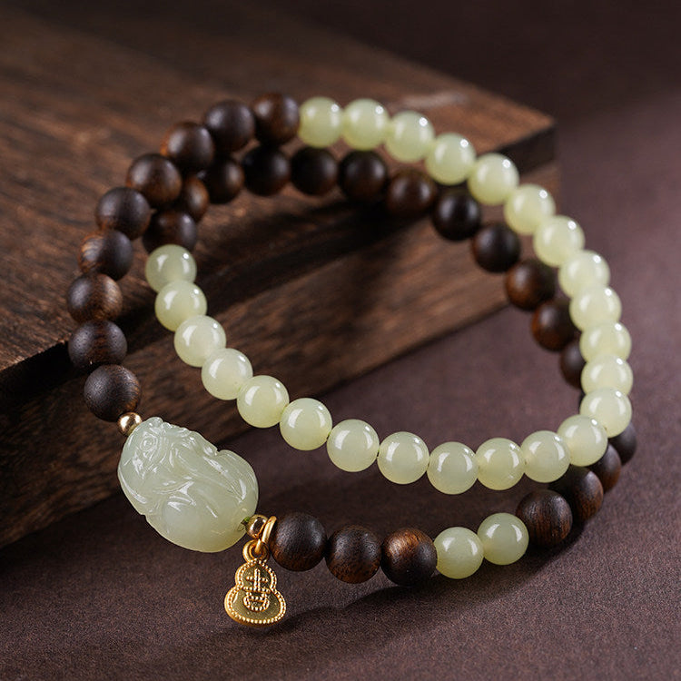 Sacred Union Agarwood & Hetian Jade Bracelet with Silver Pixiu Charm