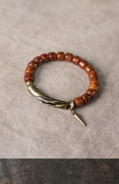 Hand-Carved Ox Bone Bracelet with Curved Brass Tube & Spike Charm (Vintage Style)