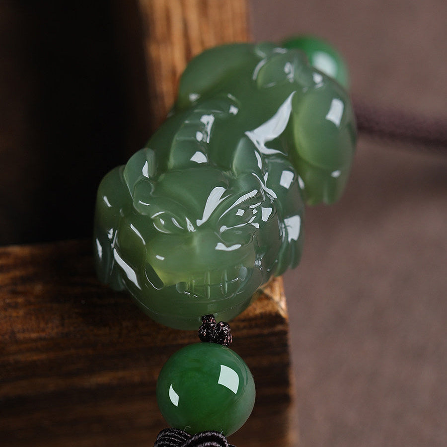 Artisan Hetian Green Jade Pixiu Necklace (Certified)