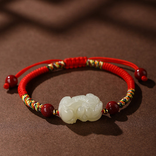 Sacred Guardian Hetian Jade Pixiu & Cinnabar Red String Bracelet