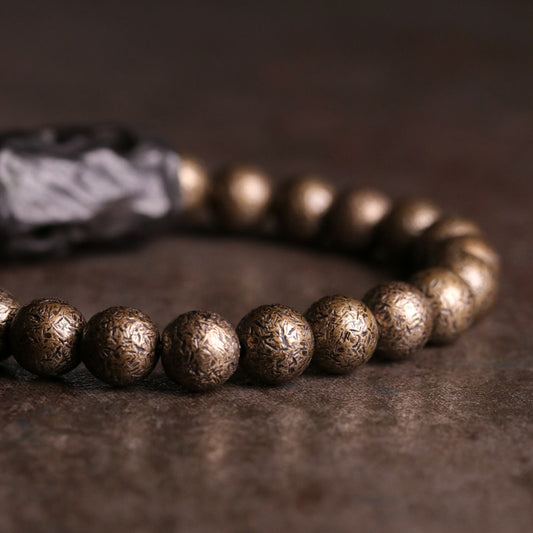 Hand-Carved Ebony and Textured Brass Beaded Bracelet for Men