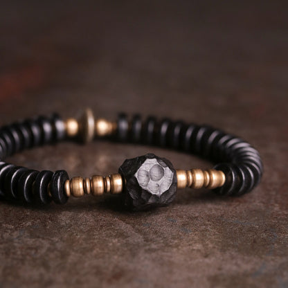 Hand-Hammered Ebony Wood and Vintage Brass Beaded Bracelet