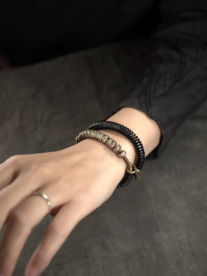 Black Ebony & Textured Vintage Brass 2-Wrap Bracelet (Industrial Style)