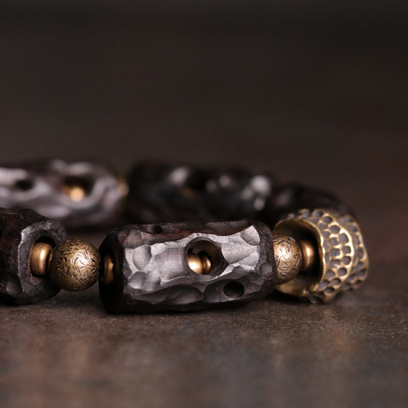 Tibetan Style Hand-Carved Ebony Wood & Textured Brass Cylinder Bracelet