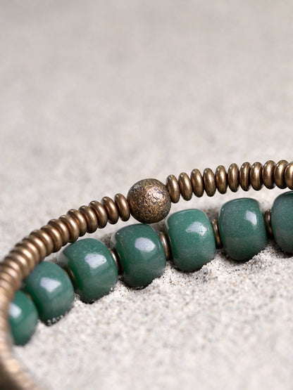 Double-Layer Buddha Bracelet with Green Yinpi Bodhi Beads & Vintage Brass