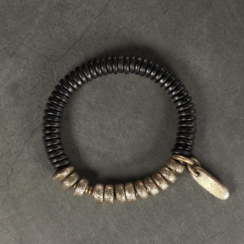 Black Ebony Wood & Textured Vintage Brass Heishi Bracelet (Industrial Style)