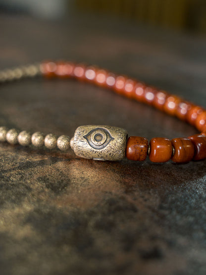 Hand-Carved Ox Bone & Vintage Brass 2-Wrap Bracelet with Wisdom Eye Tube