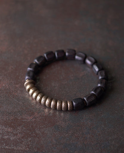 Black Ebony Wood & Textured Vintage Brass 2-Wrap Bracelet with Spike Charm