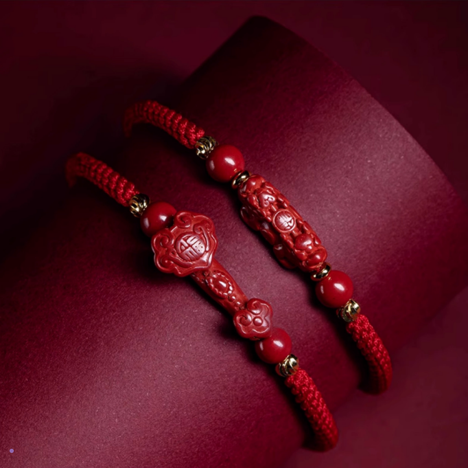 Carved Cinnabar & Red String Fengshui Bracelet for Luck & Protection