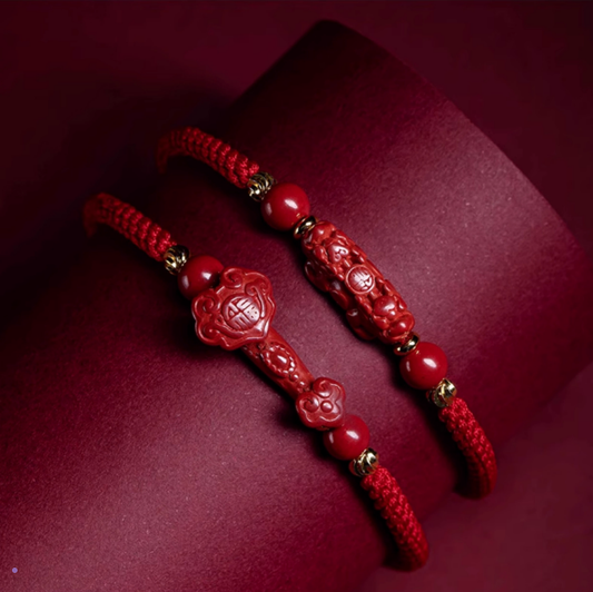 Carved Cinnabar & Red String Fengshui Bracelet for Luck & Protection