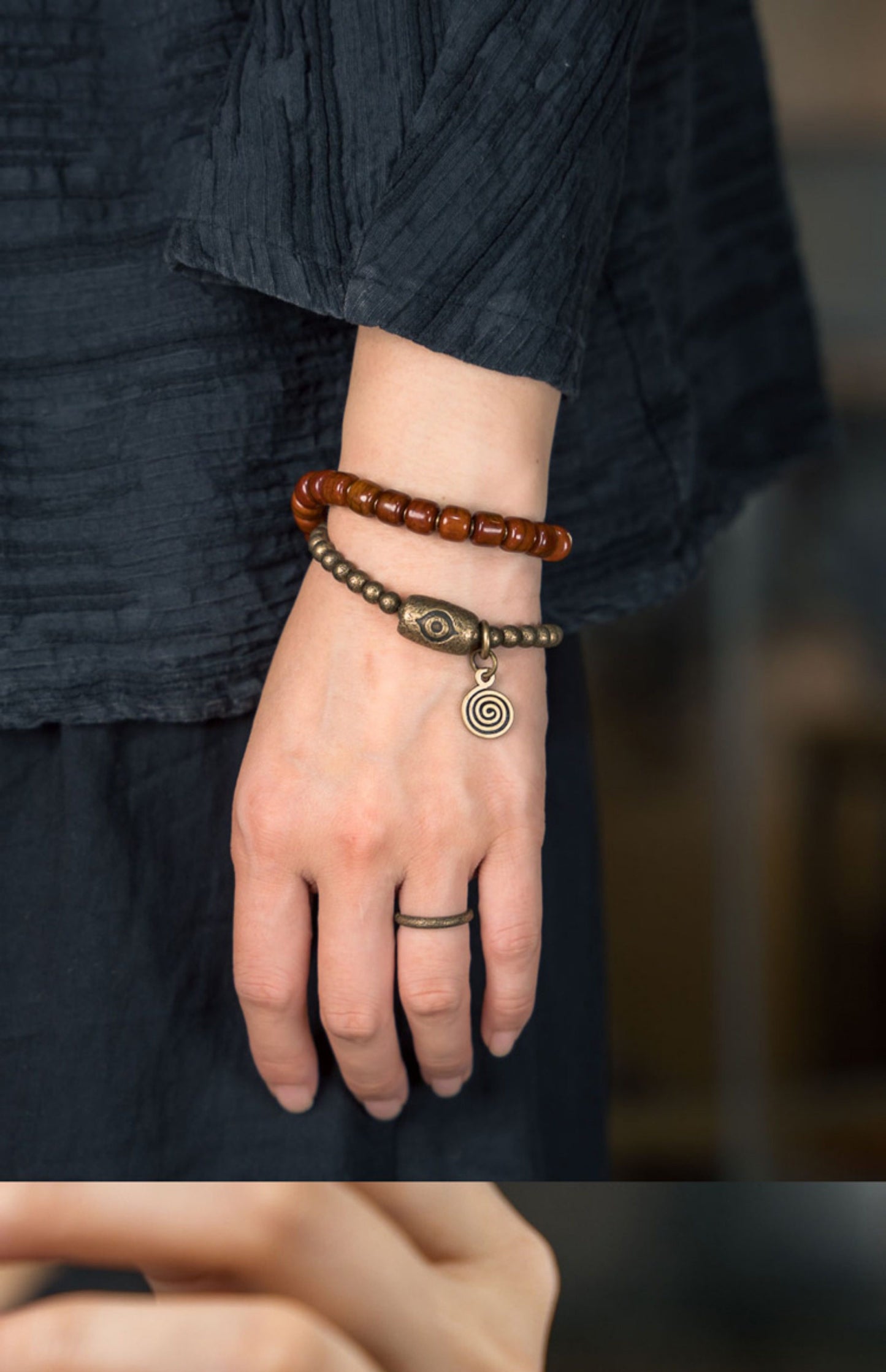 Hand-Carved Ox Bone & Vintage Brass 2-Wrap Bracelet with Wisdom Eye Tube