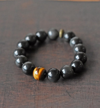 Men's Black Obsidian Beaded Bracelet with Tiger’s Eye and Antique Brass