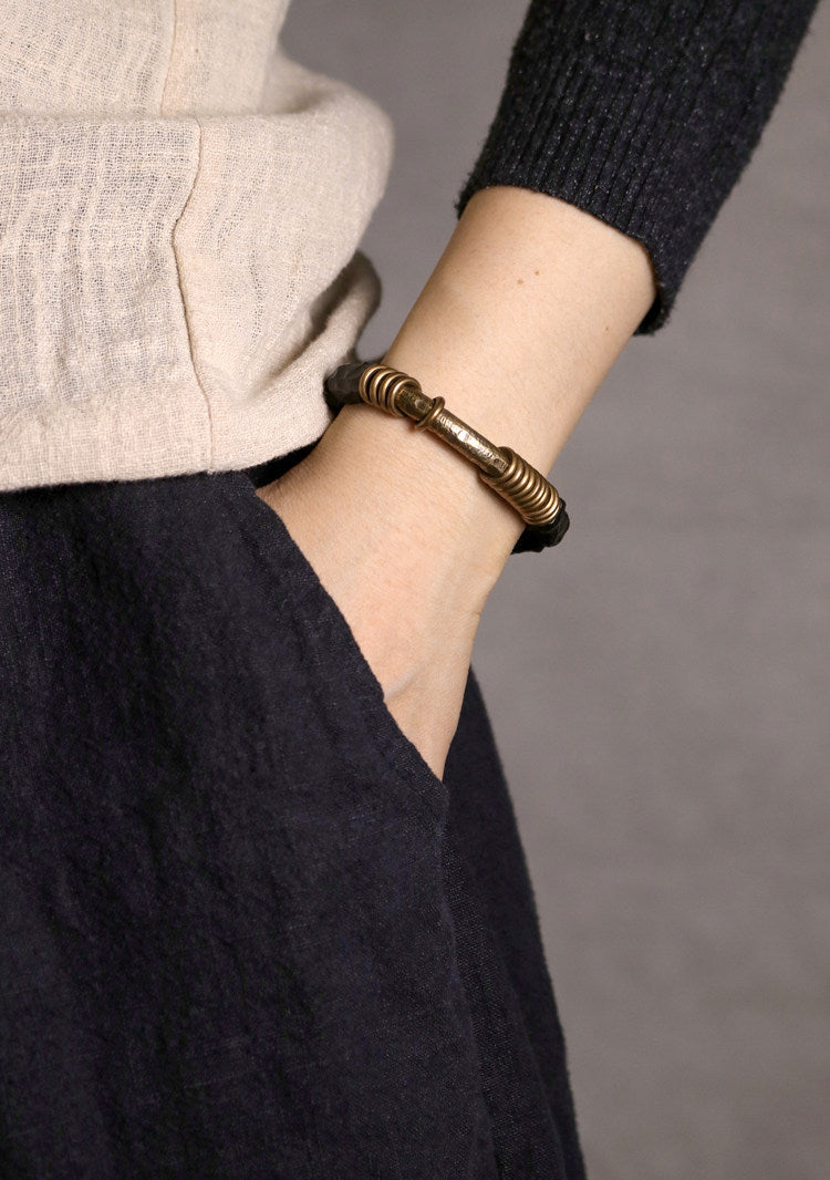 Hand-Textured Ebony Wood and Vintage Brass Cylinder Mens Beaded Bracelet