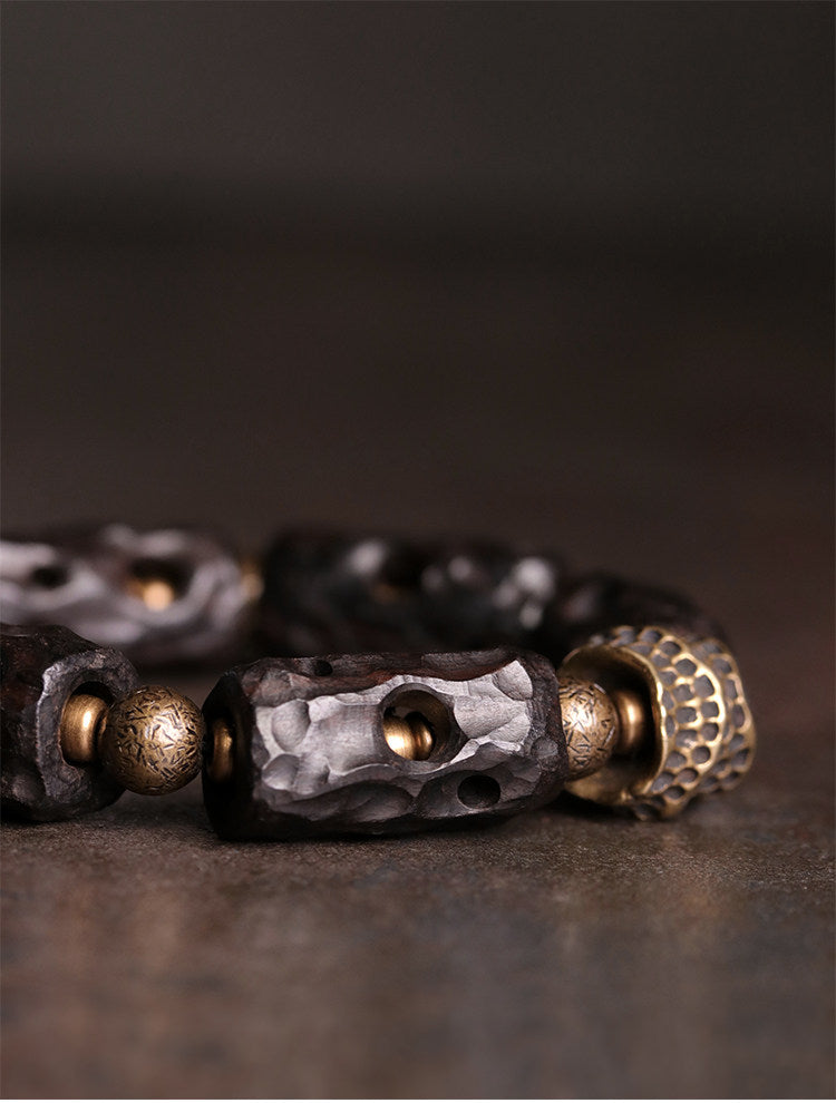 Tibetan Style Hand-Carved Ebony Wood & Textured Brass Cylinder Bracelet